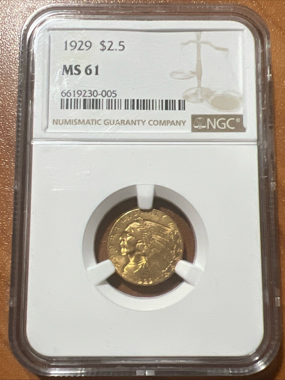 1929 GOLD Indian Head $2.50 Quarter Eagle Coin CERTIFIED NGC MS 61